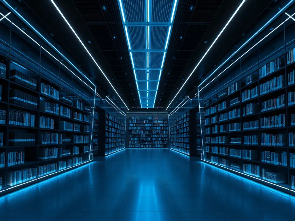 Minimalist architectural shot of a modern digital library, c