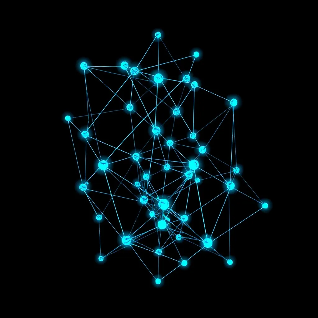 3D geometric wireframe of a complex neural network structure