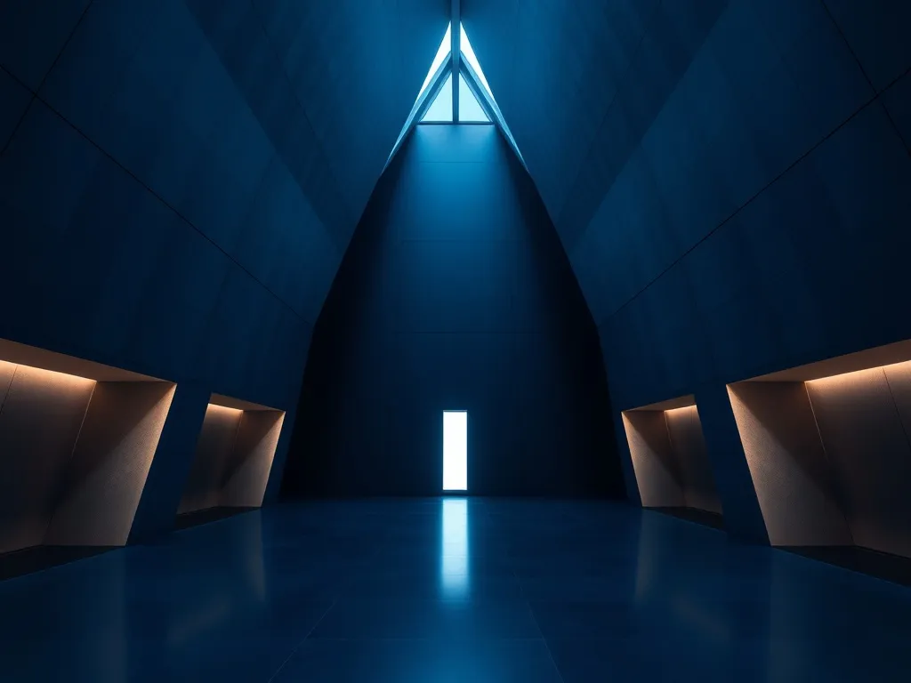 A minimalist architectural structure with sharp lines, high